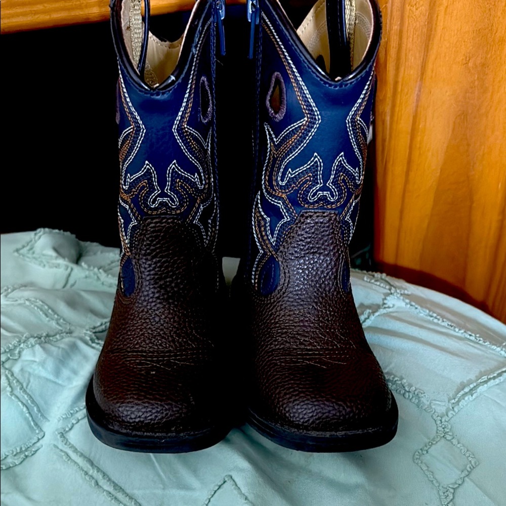 Brown and Blue Western Boots with Decorative Stitching